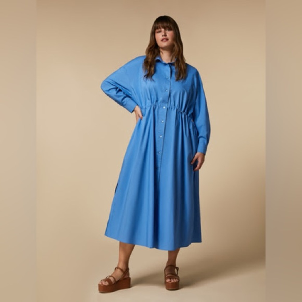 Marina Rinaldi Poplin Blue Long Sleeve Shirt Dress